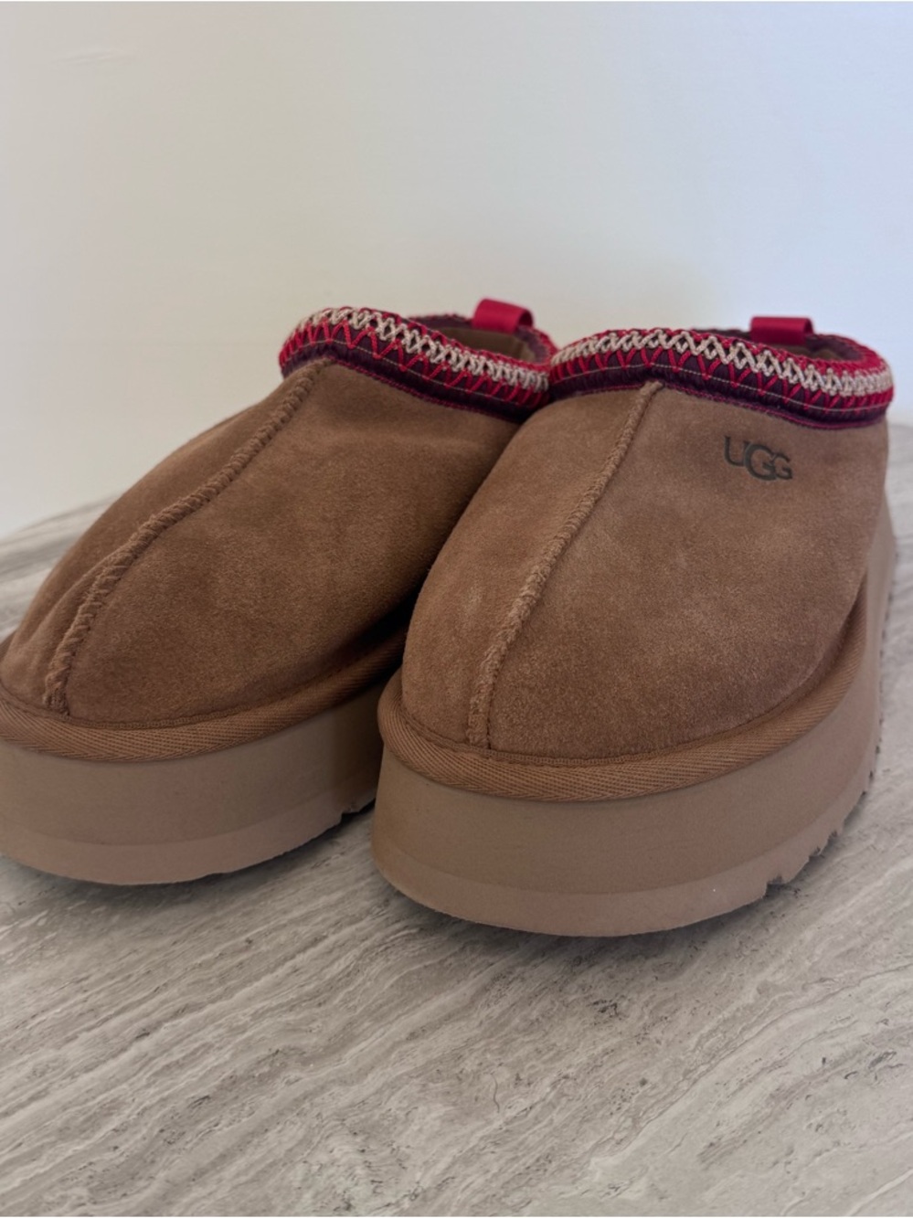 UGG Chestnut Suede Platform Mules with Red Trim